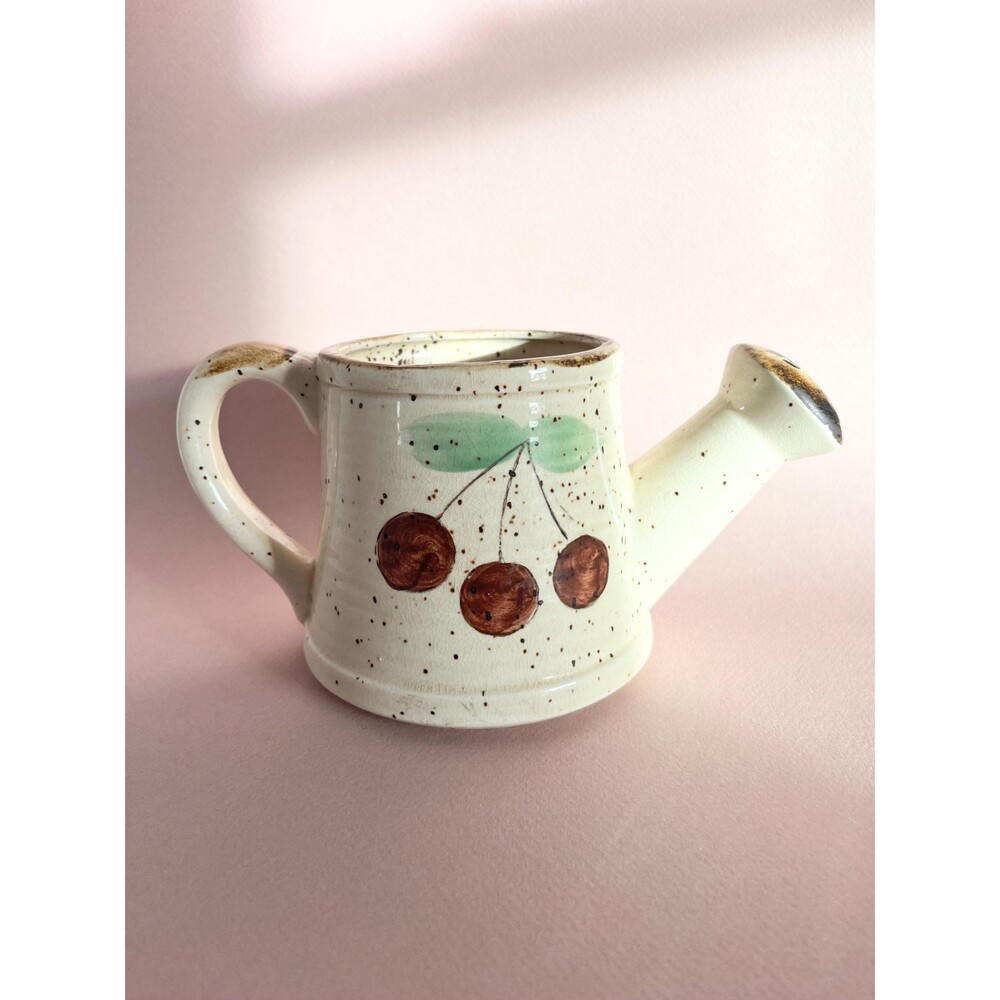 Adorable 70s Vintage Cherries Stoneware Plant Watering Can | Handpainted